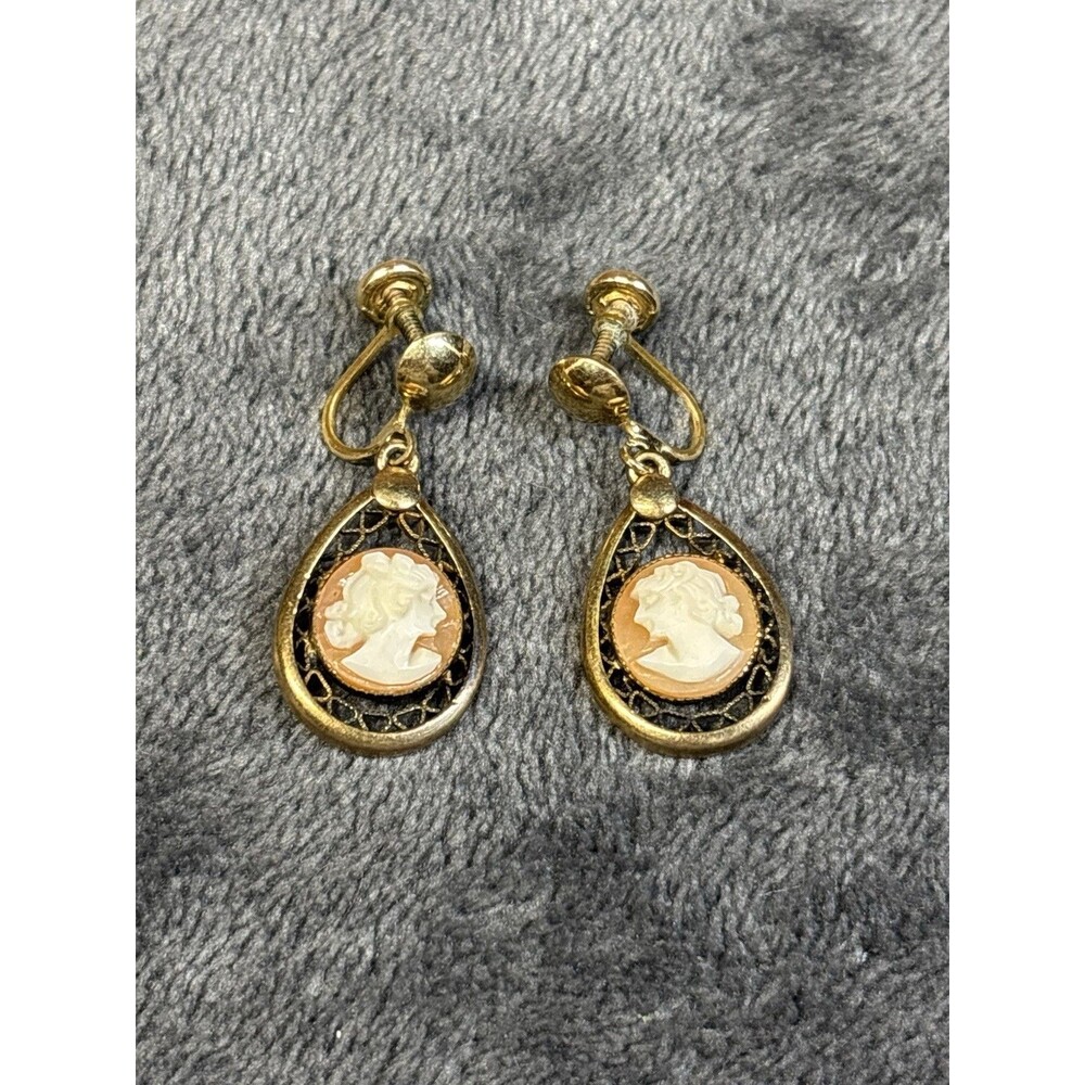Vintage Carved Shell Cameo Dangle Earrings Twist On 1/20 12k Gold Filled